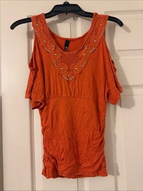 Ing Rust Orange Cold-Shoulder Embellished Tank Top